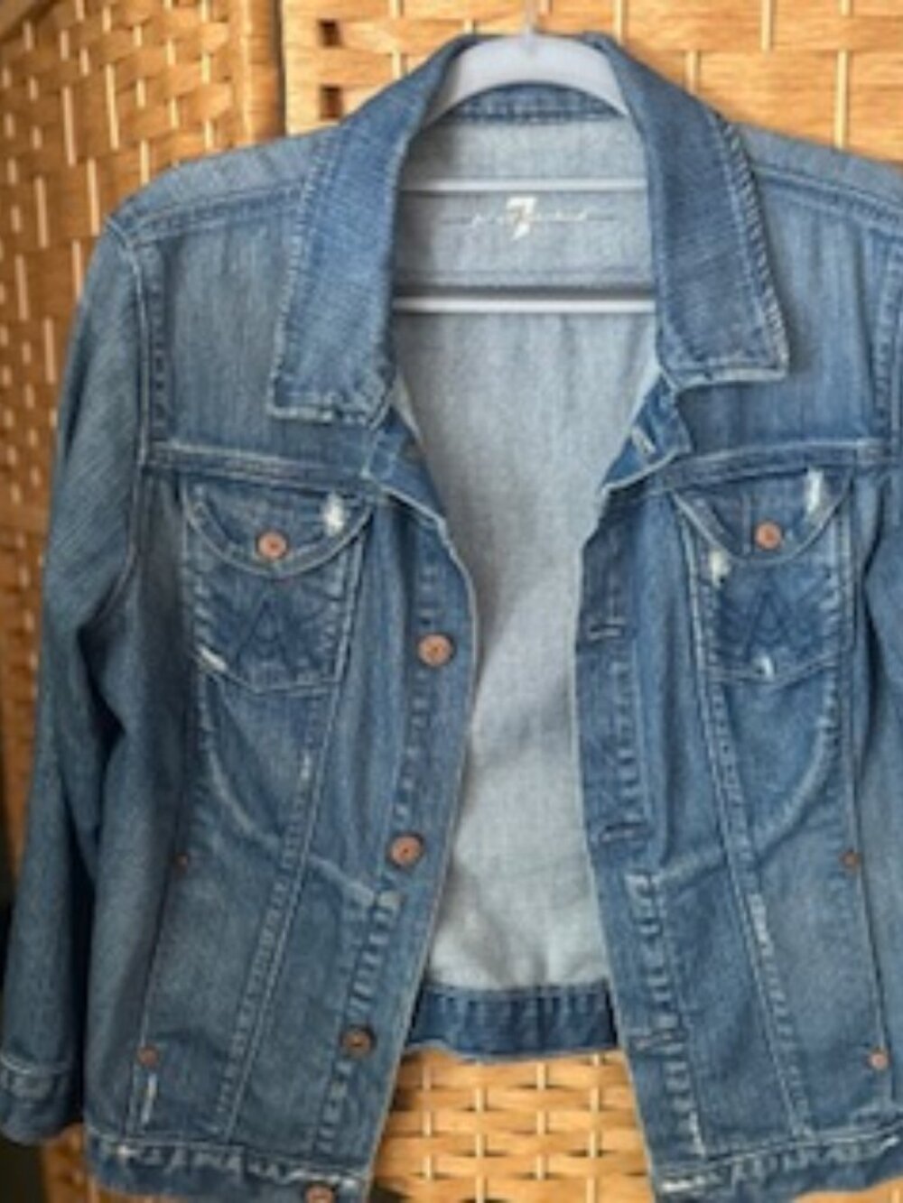 7 for all mankind distressed denim jacket with 3/4 sleeve